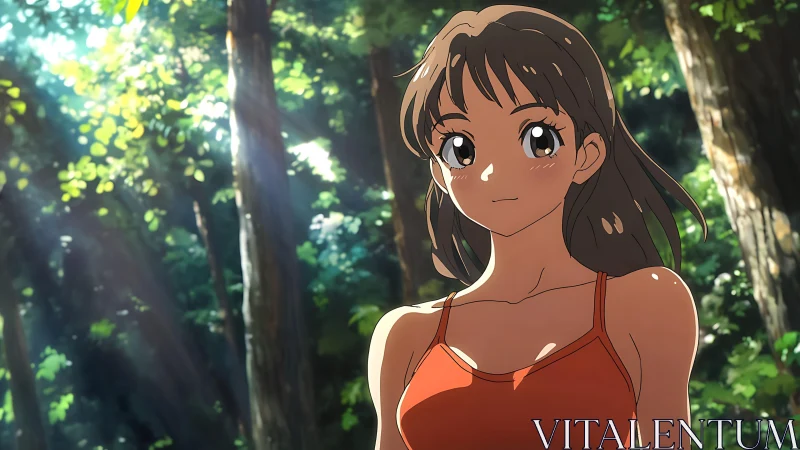 Sunlit anime girl in orange top within dappled forest light.