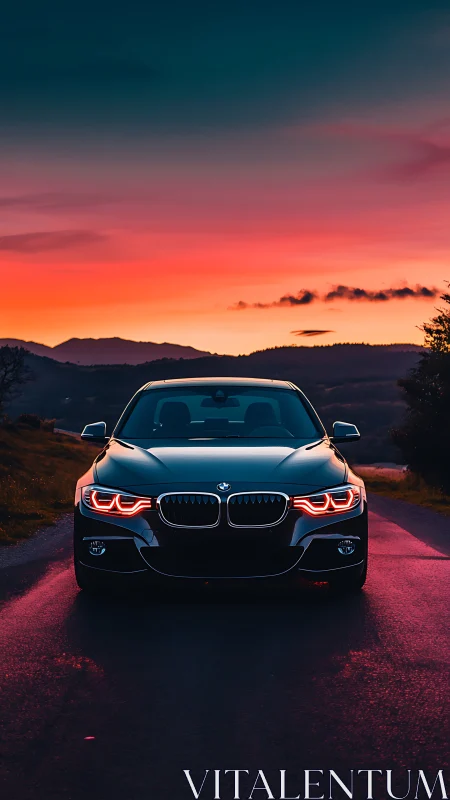 BMW sedan front view glows against vivid sunset sky