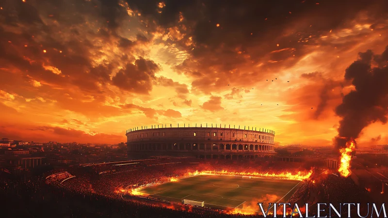Colossal stadium inferno under cinematic apocalyptic sunset.