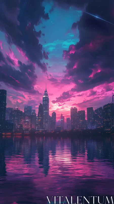 Neon-lit skyline reflects in saturated magenta water at dusk