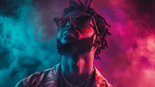 Bicolor neon portrait with volumetric haze and rim lighting.