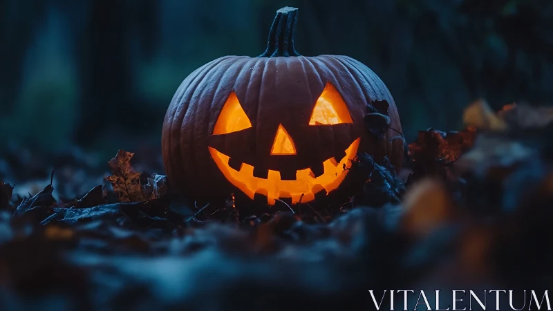 Glowing jack-o’-lantern in moody forest floor twilight.