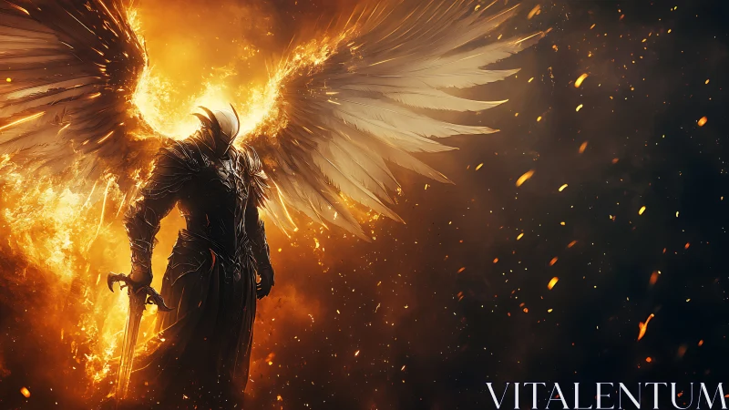Digital painting of a fiery armored angel with burning wings.