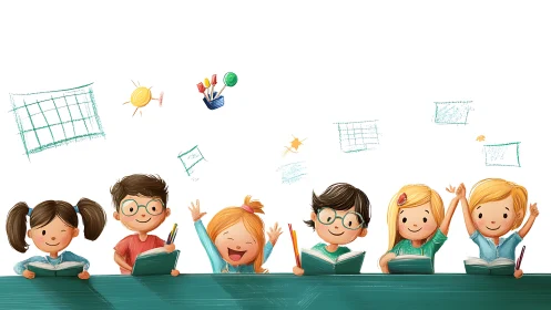 Cheerful Children Reading Books with Playful Educational Imagery.