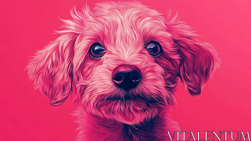 Pink digital portrait of fluffy small dog on solid background.