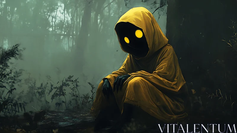 Hooded void sitter with lantern eyes in the moss-dark woods.