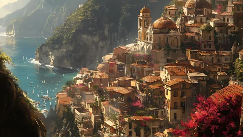 Cliffside Mediterranean settlement with terraced coastal topology.