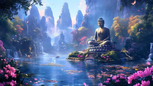 Buddha statue amid river, mountains and lush foliage.