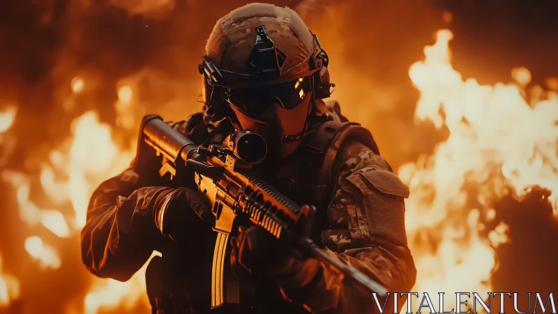Armored soldier advances through blazing battlefield inferno