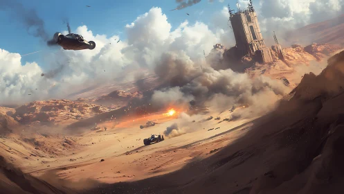 Hovercraft skirmish bends a burning desert sky into chaos