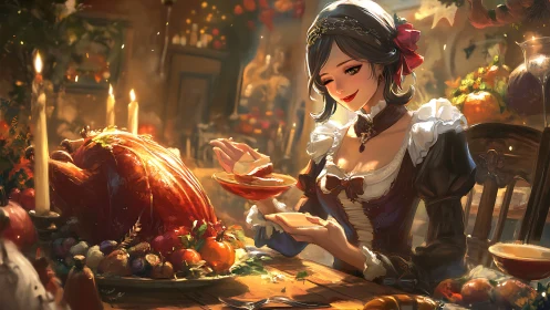 Autumn feast maid slices golden turkey in candlelit warmth.