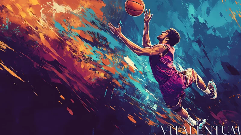 Soaring basketball player caught in a splash of cosmic color.