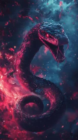 Vibrant cosmic serpent rising in swirling neon storm.