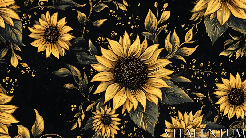 Golden Sunflowers Against Black Background Botanical Pattern.