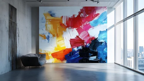 Large Abstract Mural in Modern Loft with City View and Minimal Decor.