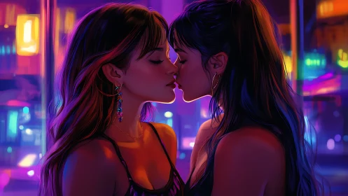 Two women kiss in a neon‑lit urban night environment