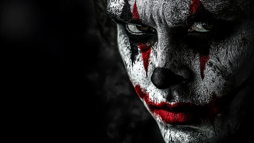 Close cropped portrait of clown makeup in dark setting.