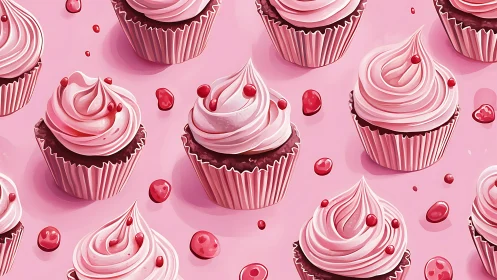 Pink Cupcakes with Red Berries in Whimsical Digital Still Life