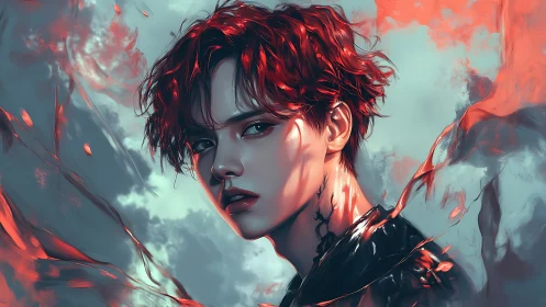 Digital painting portrait with red vaporous abstraction focus.