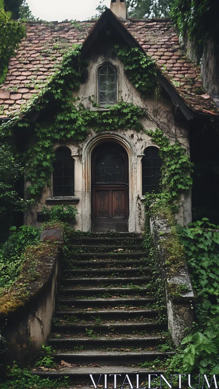 Ivy covered cottage doorway inviting quiet woodland dreams.