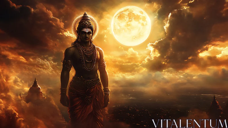 Divine warrior silhouette beneath blazing celestial moon.