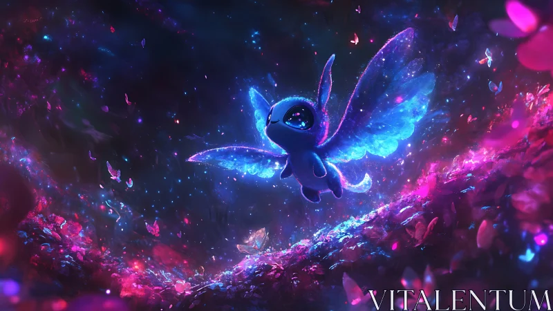 Glowing winged creature flies through neon fantasy forest