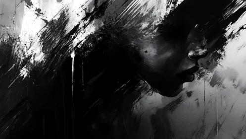 Monochrome side profile within abstract brush textures.