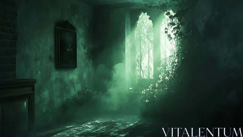 Abandoned green chamber with misty overgrown window light.