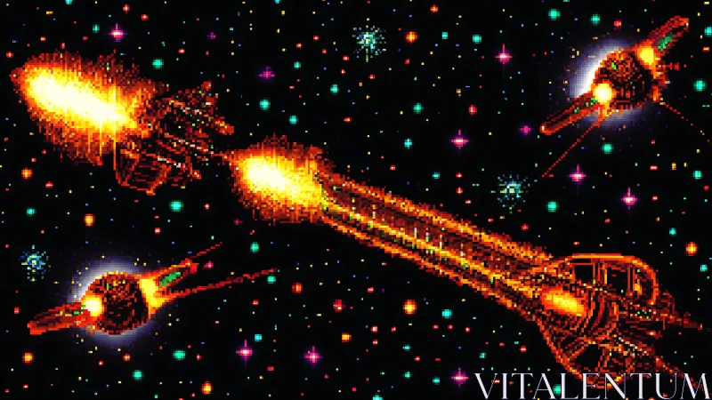 Pixelated orange spacecraft shoot across dense star field