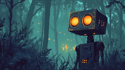 Curious little forest robot gazes softly into glowing lights