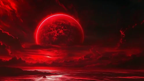 Crimson exoplanet eclipse above radiative tidal shoreline.