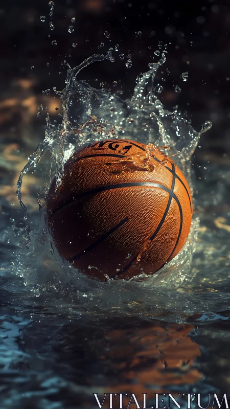 Basketball impact shattering calm water surface at dusk.