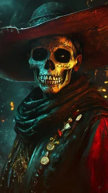 Skull-faced gunslinger in ember-lit digital portrait.