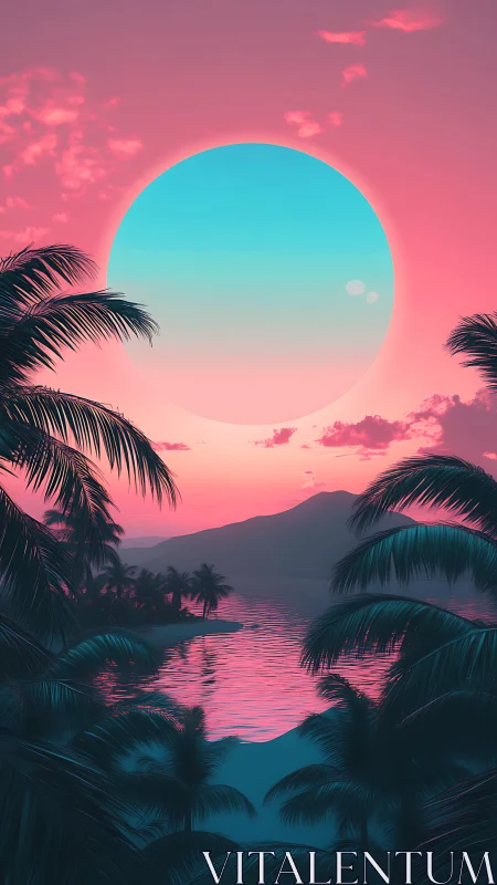 Dreamy neon sunset over calm tropical island lagoon.