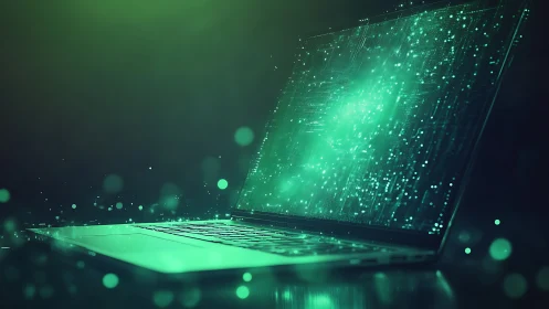 Open laptop displaying abstract green digital particle field.