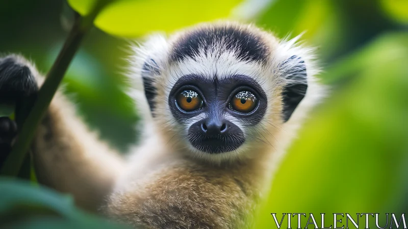 Close frontal view of small primate among green foliage.