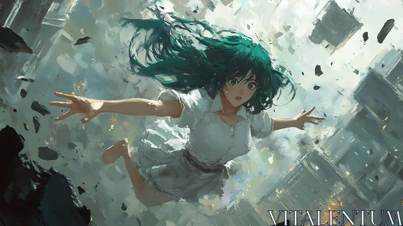 Green haired girl suspended in chaotic falling debris.