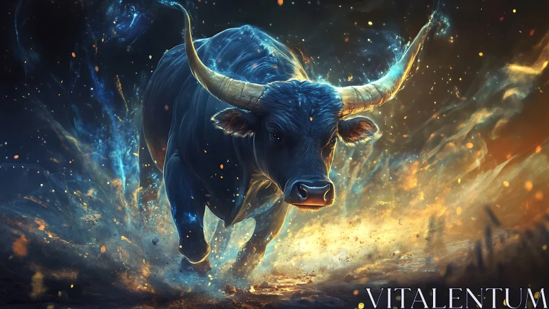 Cosmic horned bull erupts through starlit embers of night.