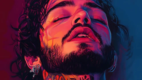 Neon-lit bearded portrait captures raw, immersive emotion.