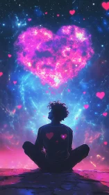Figure Meditates Beneath Neon Heart Galaxy.