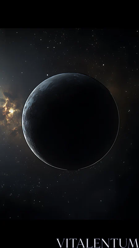 Shadowed planet in space lit by distant star on left