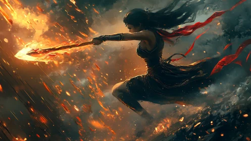 Warrior figure advances with flaming spear amid falling embers