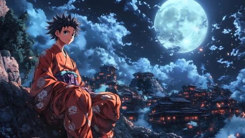 Boy in orange kimono sits above lantern lit hillside town at night