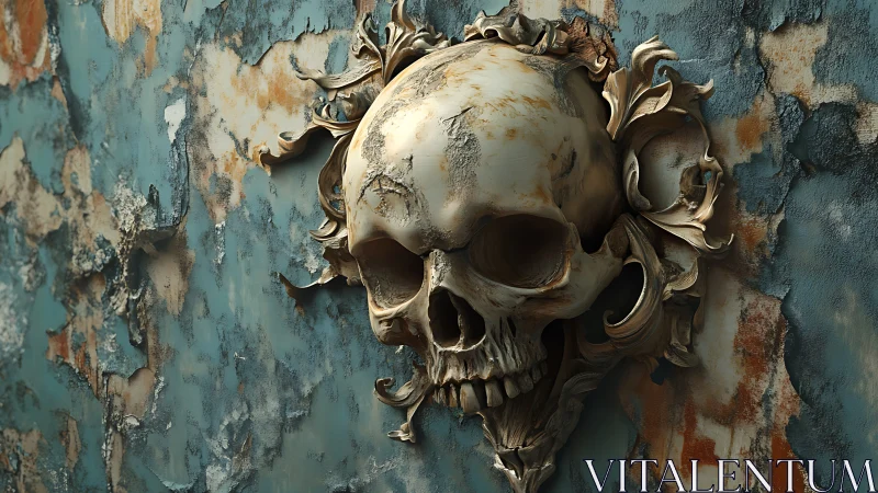 Weathered skull relief mounted on distressed teal wall.
