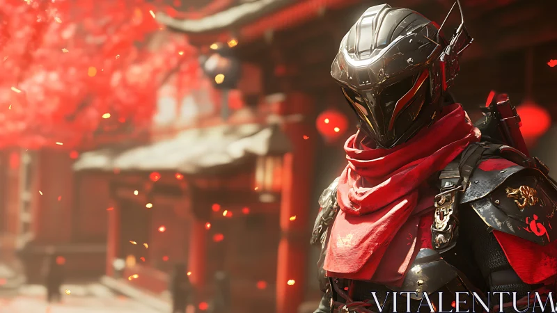 Futuristic crimson ronin pausing beneath drifting embers.