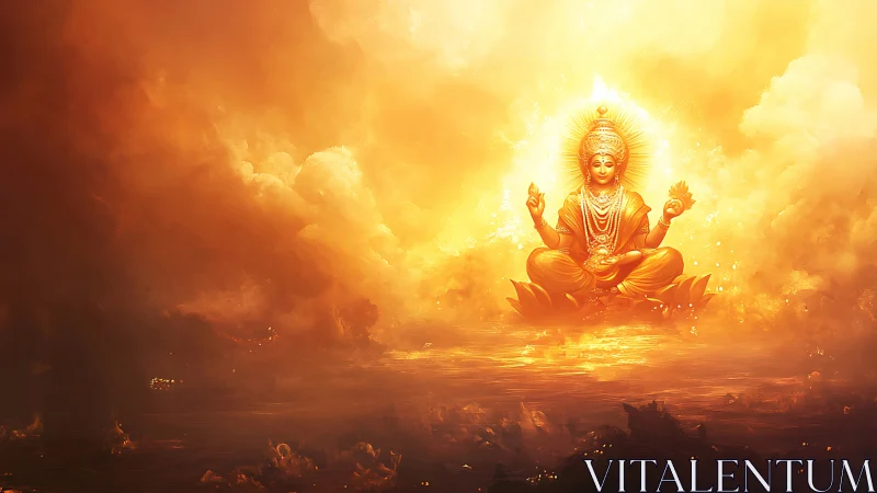 Golden serenity of a radiant goddess above quiet waters.