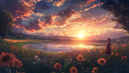 Backlit flower field and reflective lake under volumetric sunset sky