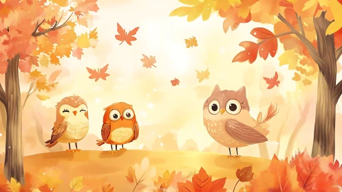 Cute cartoon owls under glowing golden autumn canopy.