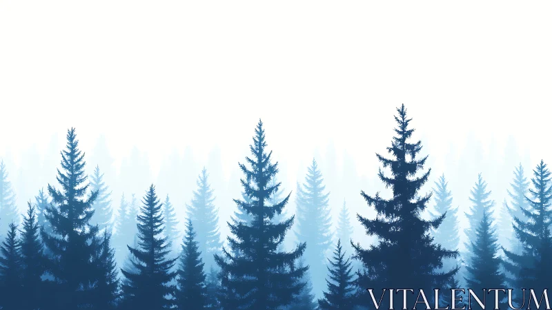 Misty blue conifer forest silhouette in layered gradient composition.