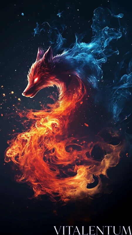 Bifurcated fire and plasma fox silhouette in cosmic void